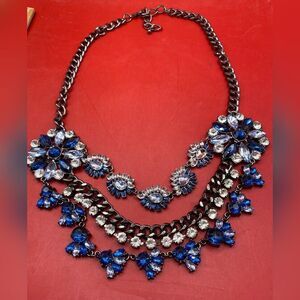 Women’s Necklace Blue Clear Cut Glass 18” Statement Chunky 3 Tier Choker Bib